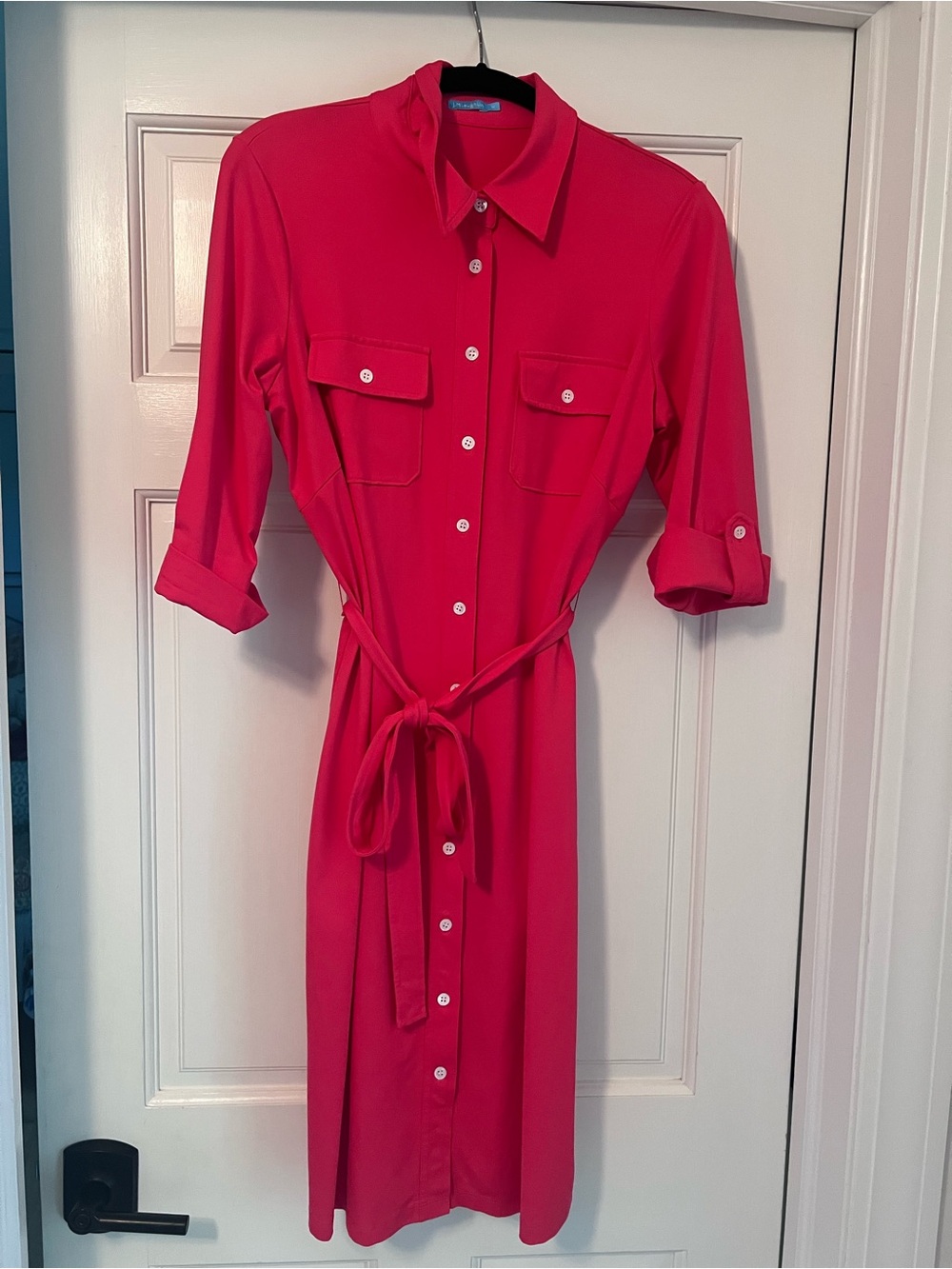 J. McLaughlin Brynn Dress Hot Pink Size M | Classic Belted Shirt Dress EUC